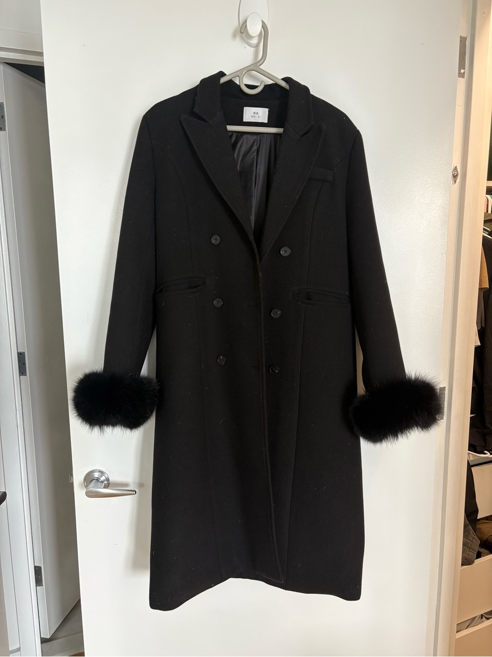 Wool Blend Black Coat with Fur Cuffs - Women's Double-Breasted